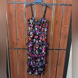 DRESS THE POPULATION sequin floral velvet midi dress